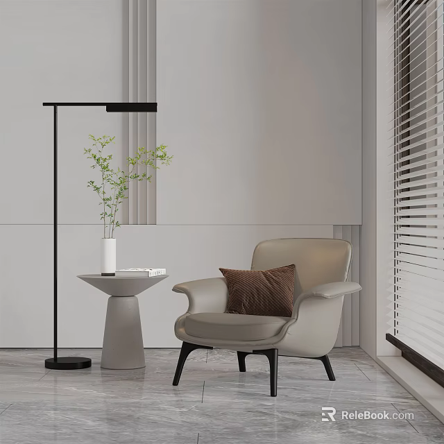 Modern Lounge Chair with Brown Pillow Small Side Table Vase Green Plants Floor Lamp 3d model 
