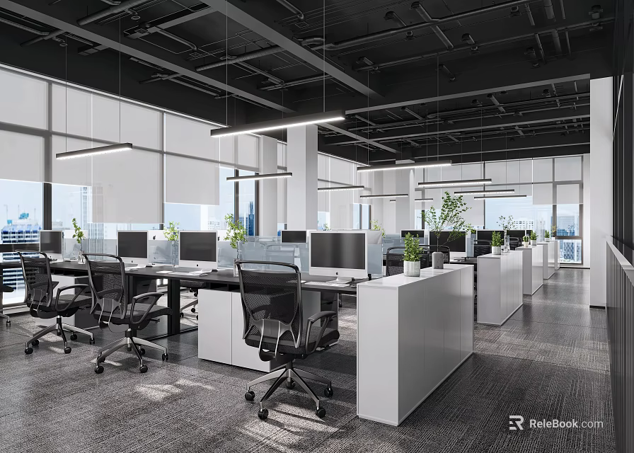 Modern Public Office Space With Open Layout Desks Computers And Potted Plants 3d model