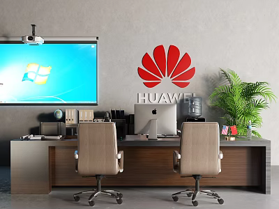 Modern Office Desk With Two Chairs HUAWEI Logo Large Screen Windows Display And Green Plant 3d model