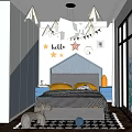 Kids Room With Blue Headboard Yellow Pillows Checkered Quilt Hello Banner Star Decorations City View