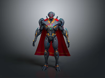 Sleek Dark Mechanical Warrior Character With Red Cape Blue Yellow Accents And Green Gemstone Chest 3d model