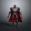 Sleek Dark Mechanical Warrior Character With Red Cape Blue Yellow Accents And Green Gemstone Chest