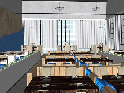 Modern Restaurant Interior With Wooden Tables Seats Large Windows And Ceiling Lights 3d model