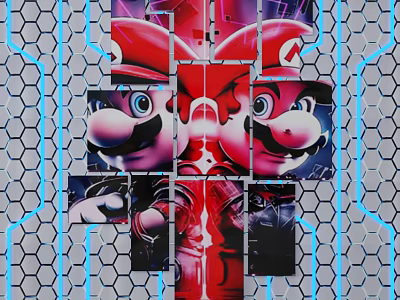 Super Mario Themed Background Wall With Mosaic Character Design Hexagonal Grid And Blue Lines 3d model