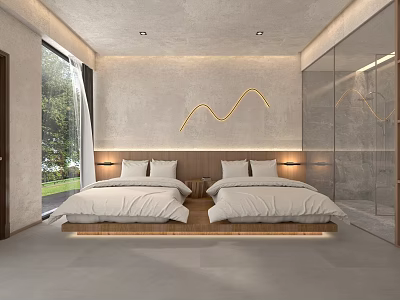 Hotel Guest Room with Twin Beds Wooden Headboard Curved Light Large Window and Glass Wardrobe 3d model