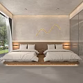 Hotel Guest Room with Twin Beds Wooden Headboard Curved Light Large Window and Glass Wardrobe