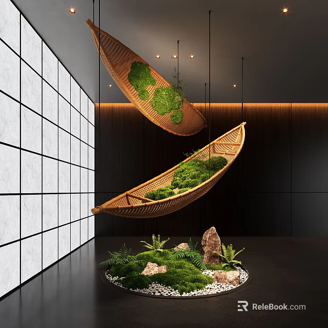 Indoor Landscape With Hanging Bamboo Boats Green Plants White Tile Black Wall And Circular Floor 3d model 