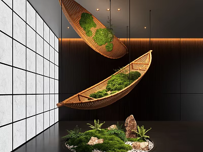 Indoor Landscape With Hanging Bamboo Boats Green Plants White Tile Black Wall And Circular Floor 3d model