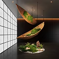 Indoor Landscape With Hanging Bamboo Boats Green Plants White Tile Black Wall And Circular Floor
