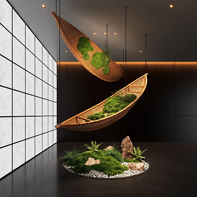 Indoor Landscape With Hanging Bamboo Boats Green Plants White Tile Black Wall And Circular Floor 3d model