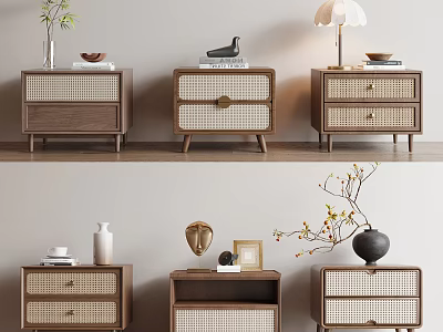 Various Wooden Bedside Tables With Rattan Accents Table Lamp Vase Books And Decorative Items 3d model