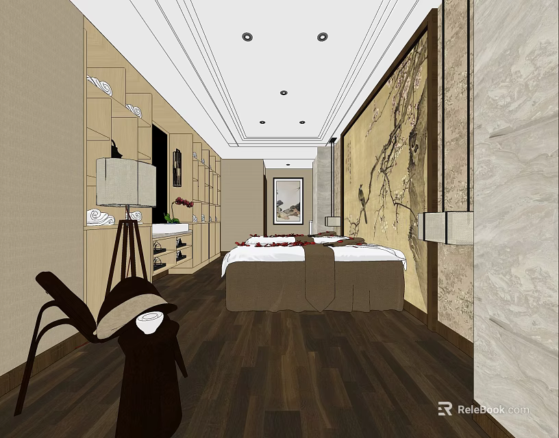 SPA Sauna Interior Design With Wooden Floor Comfortable Beds And Decorative Painting 3d model 