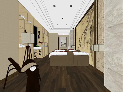 SPA Sauna Interior Design With Wooden Floor Comfortable Beds And Decorative Painting 3d model