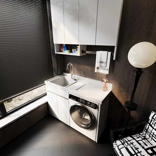 Home Balcony Laundry Space With White Cabinets Sink Washing Machine And Black Blinds 3d model 