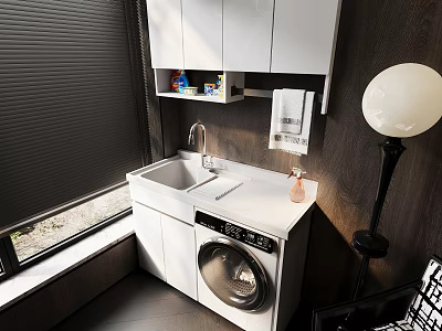 Home Balcony Laundry Space With White Cabinets Sink Washing Machine And Black Blinds 3d model