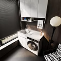 Home Balcony Laundry Space With White Cabinets Sink Washing Machine And Black Blinds