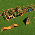 Wooden Playground Equipment With Climbing Structures Slide And Benches On Grass