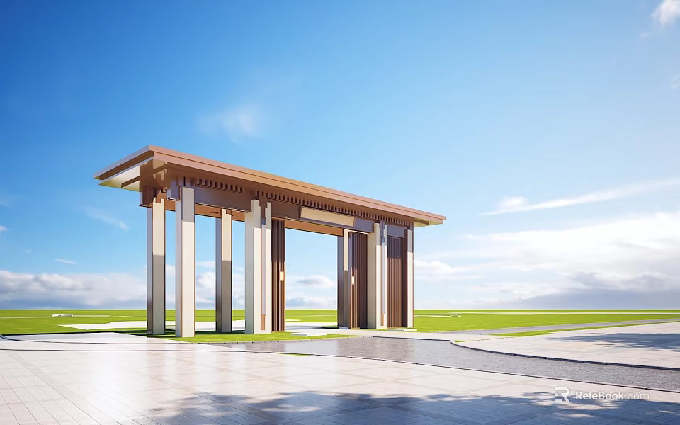 Modern Entrance Gate Architectural Design With Columns Canopy Blue Sky And Green Lawn 3d model 