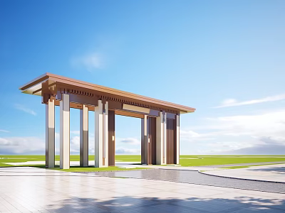 Modern Entrance Gate Architectural Design With Columns Canopy Blue Sky And Green Lawn 3d model