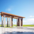 Modern Entrance Gate Architectural Design With Columns Canopy Blue Sky And Green Lawn