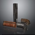 Industrial Metal Pipe Equipment With Straight Curved Red Silver Rusty Brown Elements