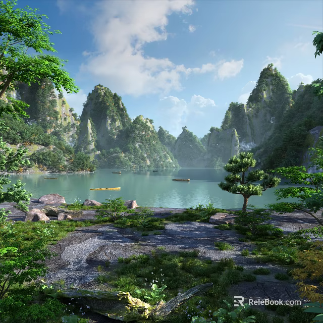 Breathtaking Natural Landscape With Lush Green Mountains Calm Turquoise Lake And Bright Sunny Sky 3d model 