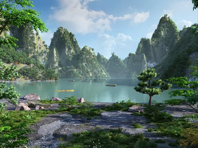 Breathtaking Natural Landscape With Lush Green Mountains Calm Turquoise Lake And Bright Sunny Sky 3d model