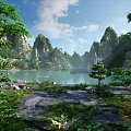 Breathtaking Natural Landscape With Lush Green Mountains Calm Turquoise Lake And Bright Sunny Sky