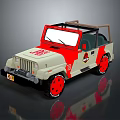 Vintage Jeep Convertible With Beige And Red Body Red Wheels And Classic Logo