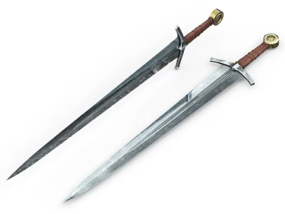 Medieval Swords With Silver Blades Brown Leather Hilts And Golden Pommels 3d model