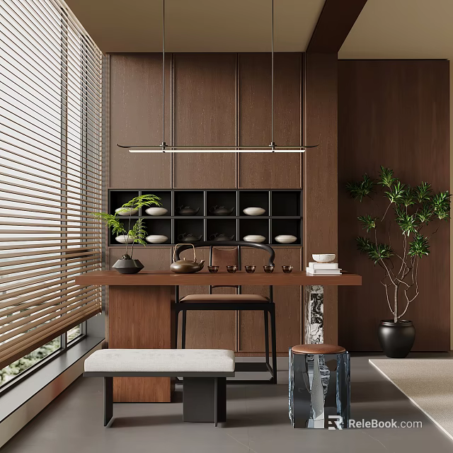 Modern Wooden Tea Table with Tea Set Black Stool Green Plants Window Blinds and Cabinet 3d model 