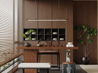 Modern Wooden Tea Table with Tea Set Black Stool Green Plants Window Blinds and Cabinet 3d model