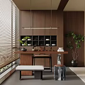 Modern Wooden Tea Table with Tea Set Black Stool Green Plants Window Blinds and Cabinet