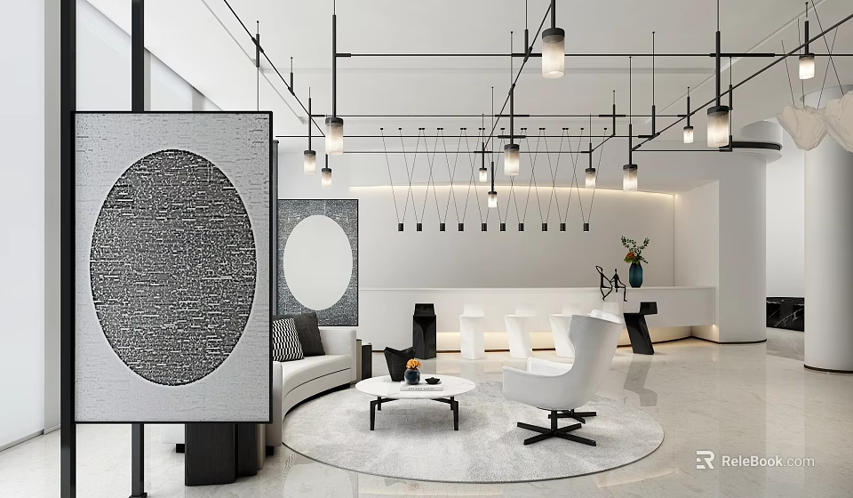 Modern Hotel Lobby Interior Design With Pendant Lights Sofa And Decorative Art 3d model 
