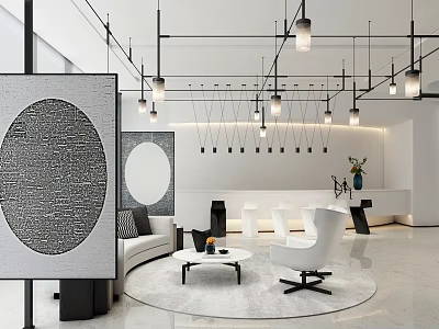 Modern Hotel Lobby Interior Design With Pendant Lights Sofa And Decorative Art 3d model