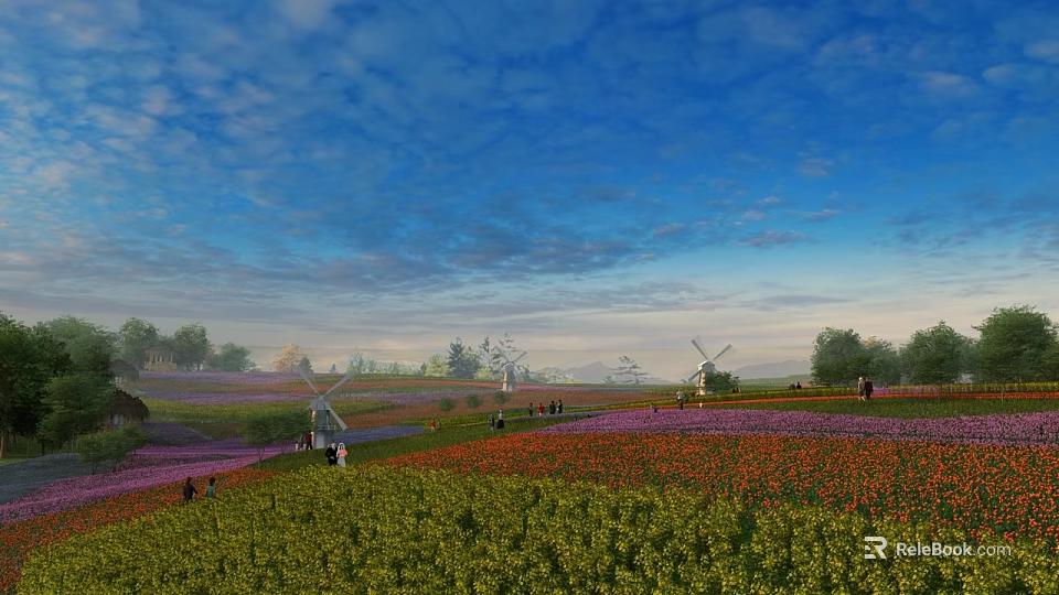 Blue Sky with Clouds Over Vibrant Flower Fields Windmills Distant Trees and People Walking 3d model 