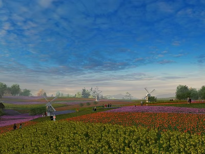 Blue Sky with Clouds Over Vibrant Flower Fields Windmills Distant Trees and People Walking 3d model