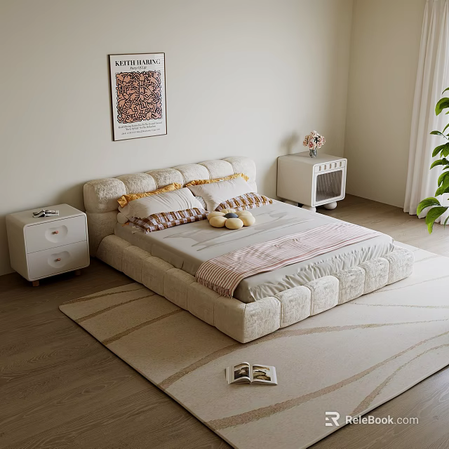 Modern Bedroom Interior Design With Beige Upholstered Bed Plaid Pillows And Area Rug 3d model 