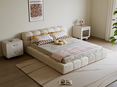 Modern Bedroom Interior Design With Beige Upholstered Bed Plaid Pillows And Area Rug 3d model