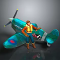 Male Character Standing Next To Turquoise Plane With Propeller And Wing Emblems