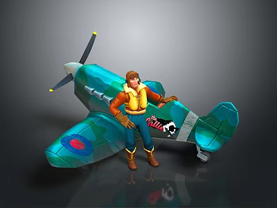 Male Character Standing Next To Turquoise Plane With Propeller And Wing Emblems 3d model