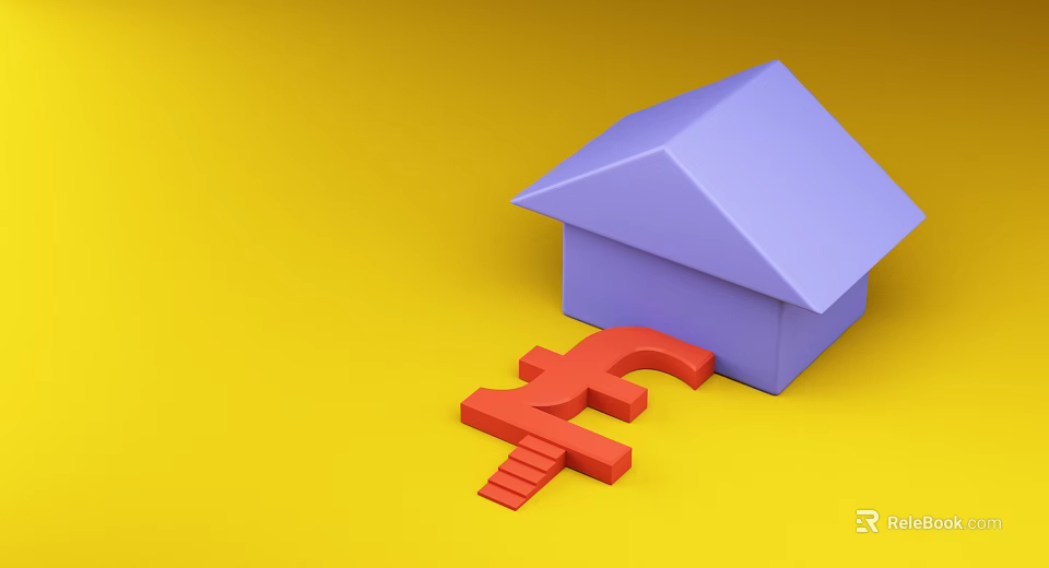 Purple House Model With Red Pound Symbol On Yellow Background 3d model 