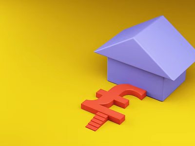 Purple House Model With Red Pound Symbol On Yellow Background 3d model