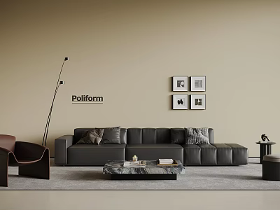 Modern Pollform Sofa And Coffee Table Set With Floor Lamp Armchair Frames In Living Room 3d model