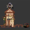 Cartoon Scene with Traditional Chinese Building Shark on Roof Small Boat and Green Plants