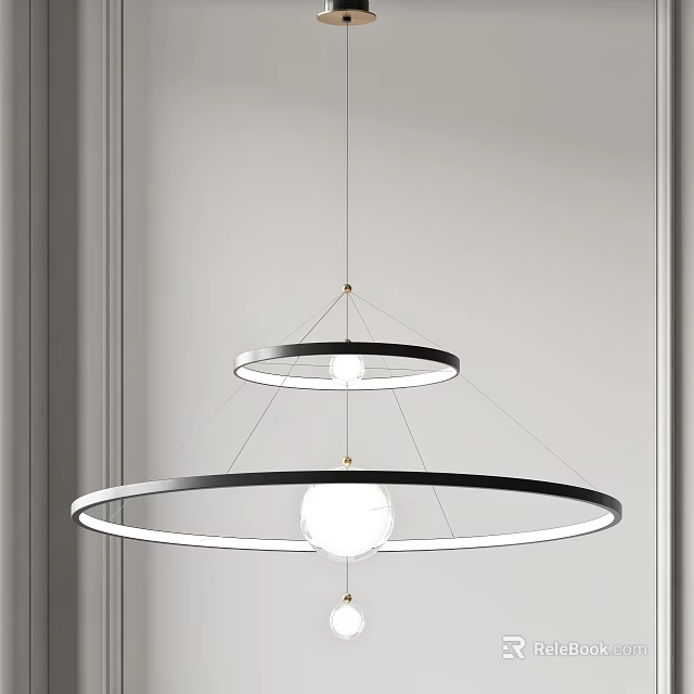 Sleek Modern Chandelier Interior With Circular Rings And Spherical Light Fixture 3d model 