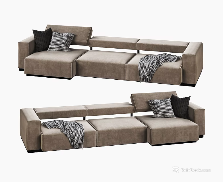 Modern Beige Sectional Sofa With Modular Design Throw Pillows And Blanket 3d model