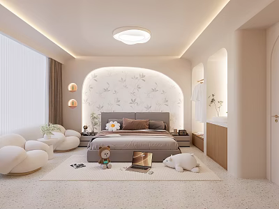 Hotel Guest Room Modern Interior With Light Colored Decor Arched Headboard And Cozy Armchairs 3d model