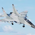 Fighter Jet in Flight Over Blue Sky with White Clouds Camouflage Design and Wheels Down