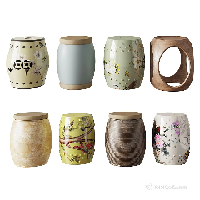 Decorative Stools With Various Designs Ceramic Wooden Materials And Floral Patterns 3d model